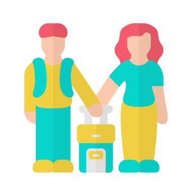 Aile sınıfı göçmenler düz tasarım uzun gölge mavi renk simgesi. Çift bavulla yurtdışına seyahat. Aile tatili. Balayı gezisi. Turistler, gezginler, yolcular. Vektör siluet illüstrasyon