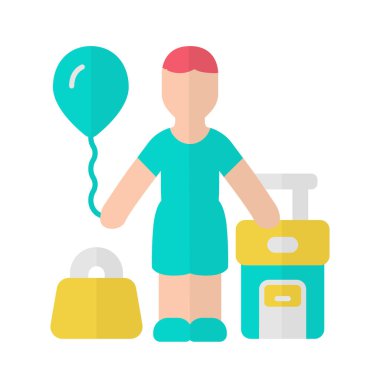 Göçmen çocuk düz tasarım uzun gölge mavi renk simgesi. Çocuk yurtdışına seyahat etti. Turist gezisi. Tatil, turizm. Hava balonu ile Traveler, çanta ve bavul üzerinde taşımak. Vektör siluet illüstrasyon