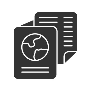 Göçmenlik belgeleri glyph simgesi. Uluslararası pasaport. Kimlik belgesi. Seyahat ve turizm. Yolcu kişisel bilgileri. Siluet sembolü. Negatif boşluk. Vektör izole illüstrasyon