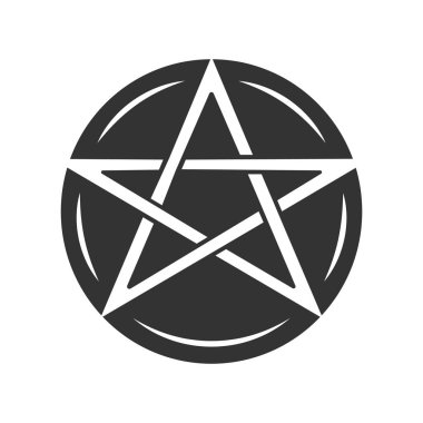 Pentagram glyph simgesi. Okült ritüel pentacle. Şeytan yıldız. Şeytani kült, wiccan & pagan siluet sembolü. Büyücülük, ezoterik ve şeytani işaret. Mistik heptagram. Vektör izole illüstrasyon