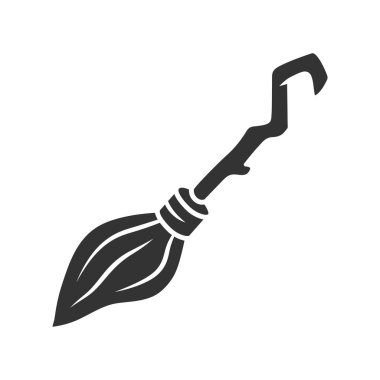 Cadı süpürge glyph simgesi. Siluet sembolü. Cadı için büyülü süpürge çubuğu, büyücü. Cadılar Bayramı sihirli öğesi. Uçan ahşap süpürge, besom. Büyücülük ve büyücülük aracı. Vektör izole illüstrasyon