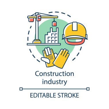 İnşaat sektörü konsept simgesi. İnşaat sektörü. Vinç, ev, şapka, iş eldiveni. Gayrimenkul mühendisliği fikir ince çizgi illüstrasyon. Vektör yalıtılmış anahat çizimi. Kullanılabilir kontur