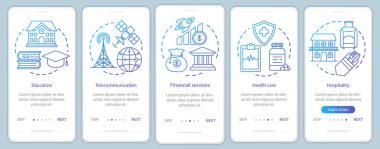 Sosyal hizmetler mobil uygulama sayfası ekran vektör şablonu onboarding. Bilgilendirme hizmetleri. Doğrusal çizimler ile Walkthrough web sitesi adımları. Ux, Ui, Gui akıllı telefon arayüz konsepti