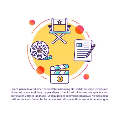 Sinematografi, film yapımı sanayi makale sayfa vektör şablonu. Doğrusal simgeler ve metin kutuları ile broşür, dergi, kitapçık tasarım elemanı. Baskı tasarımı. Metin alanı ile kavram çizimleri