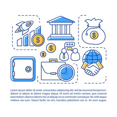Finansal hizmetler sanayi makale sayfası vektör şablonu. Doğrusal simgeler ve metin kutuları ile broşür, dergi, kitapçık tasarım elemanı. Baskı tasarımı. Metin alanı ile kavram çizimleri 