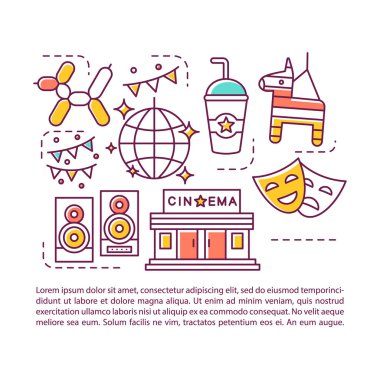 Eğlence endüstrisi makale sayfası vektör şablonu. Gösteri dünyası. Doğrusal simgeler ve metin kutuları ile broşür, dergi, kitapçık tasarım elemanı. Baskı tasarımı. Metin alanı ile kavram çizimleri