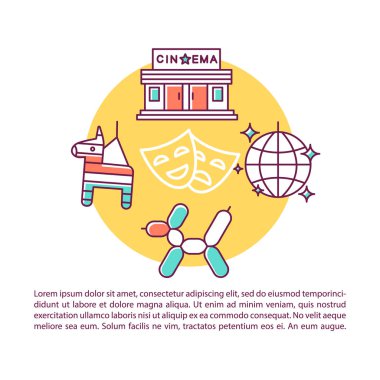 Eğlence endüstrisi makale sayfası vektör şablonu. Gösteri dünyası. Doğrusal simgeler ve metin kutuları ile broşür, dergi, kitapçık tasarım elemanı. Baskı tasarımı. Metin alanı ile kavram çizimleri