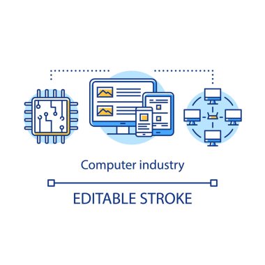Bilgisayar endüstrisi kavram simgesi. Bilgi teknolojisi. Geliştirme ve Pc, akıllı telefonlar, tabletler, ağlar fikir ince çizgi illüstrasyon hizmet. Vektör yalıtılmış anahat çizimi. Kullanılabilir kontur