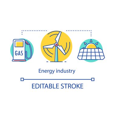 Enerji endüstrisi konsept simgesi. Enerji sektörü. Geleneksel ve yenilenebilir enerji. Üretim ve yakıt ve elektrik fikir ince çizgi illüstrasyon satışı. Vektör yalıtılmış anahat çizimi. Kullanılabilir kontur