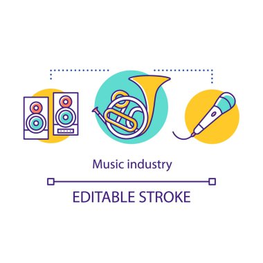 Müzik endüstrisi konsept simgesi. Plak şirketi. Konser organizasyonu. Hoparlörler, trompet, mikrofon. Üretim merkezi fikir ince çizgi illüstrasyon. Vektör yalıtılmış anahat çizimi. Kullanılabilir kontur