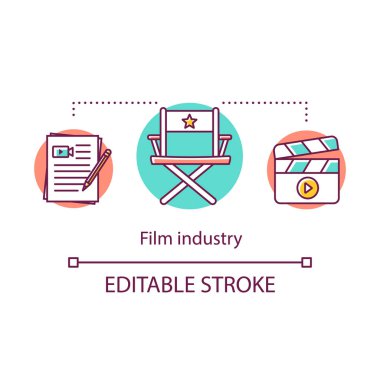 Film endüstrisi konsept simgesi. Gösteri dünyası. Film. Sinema işi. Senaryo, yönetmen koltuğu, kraker fikri ince çizgi illüstrasyon. Vektör yalıtılmış anahat çizimi. Kullanılabilir kontur
