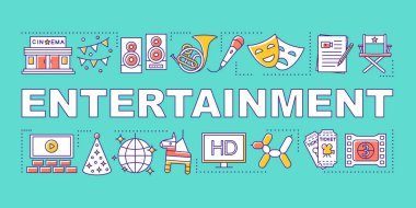 Eğlence kelime kavramları afiş. Gösteri dünyası. Eğlence ve tatil organizasyonu. Sunum, web sitesi. Doğrusal simgeler ile izole harf tipografi fikri. Vektör anahat çizimi