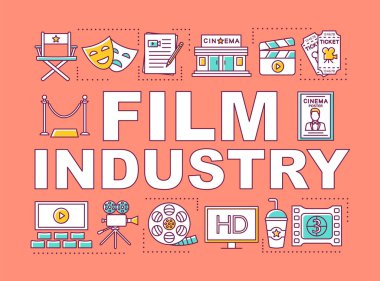 Film endüstrisi kelime kavramları afiş. Gösteri dünyası. Sinema prodüksiyon ve dağıtımı. Sunum, web sitesi. Doğrusal simgeler ile izole harf tipografi fikri. Vektör anahat çizimi