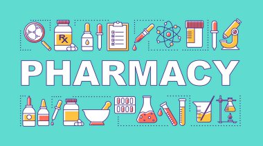 Eczane kelime kavramları afiş. Uyuşturucu hazırlanması ve satışı. İlaç endüstrisi. Sunum, web sitesi. Doğrusal simgeler ile izole harf tipografi fikri. Vektör anahat çizimi