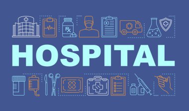 Hastane kelime kavramları afiş. Tıbbi hizmetler. Terapi, ameliyat, tedavi. Sunum, web sitesi. Doğrusal simgeler ile izole harf tipografi fikri. Vektör anahat çizimi