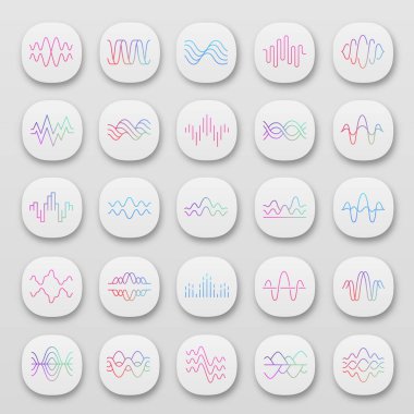 Ses ve ses dalgaları uygulama simgeleri ayarlayın. Ui/Ux kullanıcı arabirimi. Müzik dijital soundwaves. Ses kaydı, radyo sinyalleri. Gürültü genlikleri seviyesi. Web veya mobil uygulamalar. Vektör izole çizimler