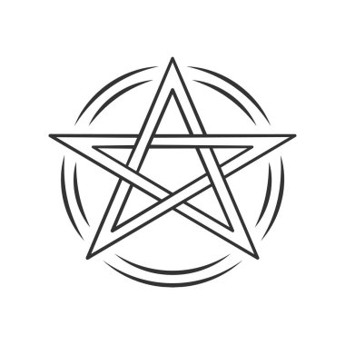 Pentagram lineer simgesi. İnce çizgi çizimi. Okült ritüel pentacle. Şeytan yıldız. Şeytani tarikat, wiccan & pagan sembolü. Büyücülük, ezoterik işaret. Vektör yalıtılmış anahat çizimi. Kullanılabilir kontur