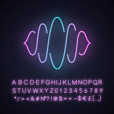 Soyut soundwave neon ışık simgesi. Ses, ses dalgası eğrileri. Ses kaydı, gürültü seviyesi. Müzik ritmi, ses dalga formu. Alfabe, sayılar ve semboller ile parlayan işareti. Vektör izole illüstrasyon