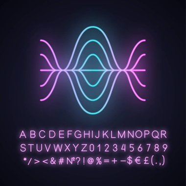 Ses kaydı neon ışık simgesi. Titreşim, gürültü seviyesi, frekans eğrileri. Ses seviyesi, frekans. Müzik çalar logosu. Alfabe, sayılar ve semboller ile parlayan işareti. Vektör izole illüstrasyon
