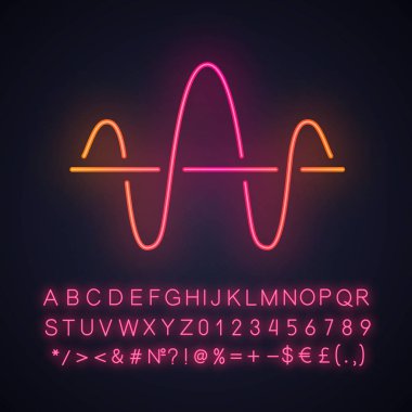 Soundwave neon ışık simgesi. Fonksiyon ve eksen. Müzik ritim frekansı. Dijital ses, ses dalgası. Ses kayıt işareti. Alfabe, sayılar ve semboller ile parlayan işareti. Vektör izole illüstrasyon