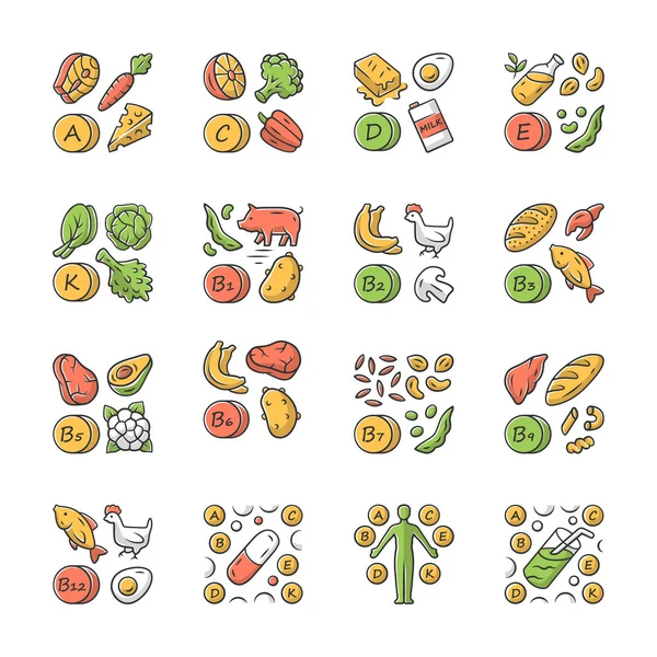 Vitaminok színes ikonok meg. A, C, D, E, K, B természetes táplálékforrás. — Stock Vector