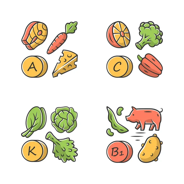 Vitaminer färg ikoner set. A, C, B1, K vitaminer naturlig mat sura — Stock vektor