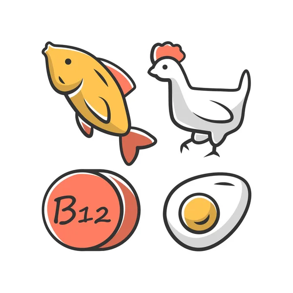 Витамин B12 цветной значок. Рыба, птица и яйцо. Здоровое питание. C — стоковый вектор