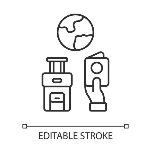 Иммиграционная линейная иконка. Планирование поездок, организация отпуска. Путешествует за границу. Миграционный документ. Тонкая линия иллюстрации. Контурный символ. Векторный изолированный рисунок контура. Штрих к таблице — стоковый вектор