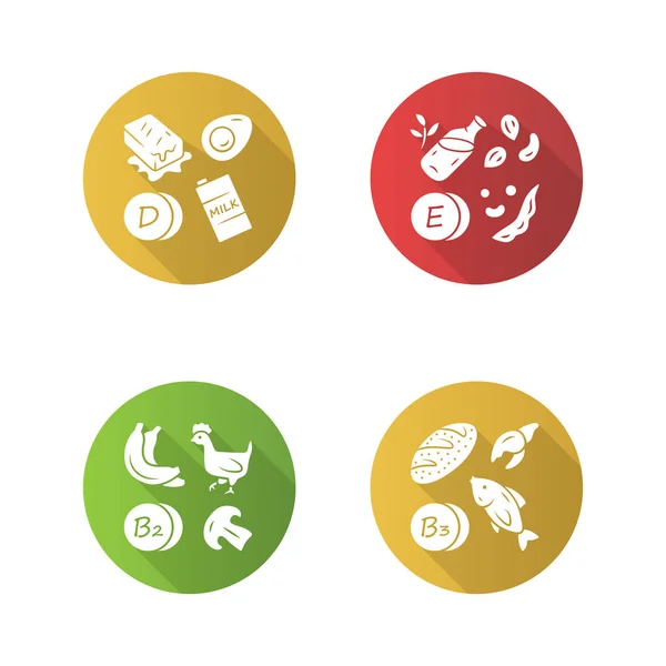 Vitaminas design plano longo conjunto de ícones de glifo sombra. D, E, B2, B3 v — Vetor de Stock