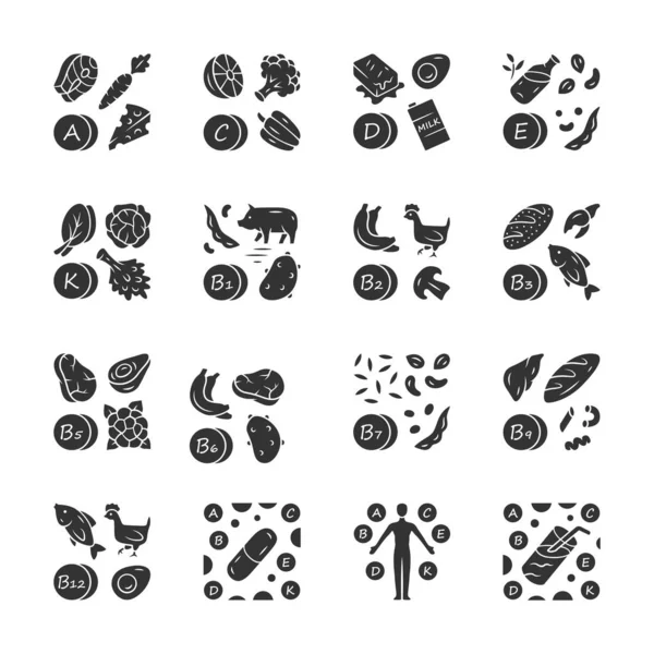 Vitaminok karakterjelek ikonok meg. A, C, D, E, K, B természetes táplálékforrás. — Stock Vector