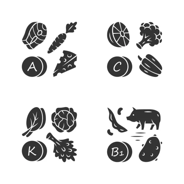 Набор иконок с витаминами. Витамины А, С, В1, К — стоковый вектор