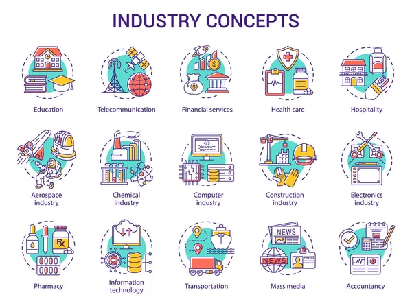 Conjunto Iconos Concepto Industrial Desarrollo Tecnológico Fabricación Proporcionar Servicio Investigación — Vector de stock