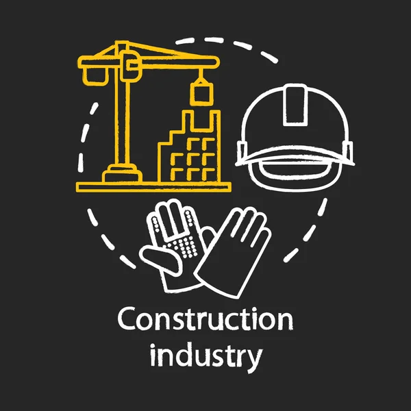 Construction industry chalk concept icon. Building sector. Crane, house, hard hat, work gloves. Real estate engineering idea. Vector isolated chalkboard illustration — Stock Vector