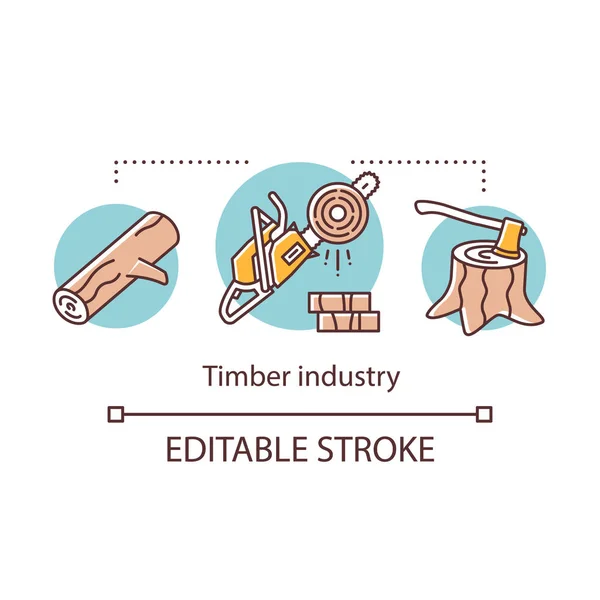 Timber industry concept icon. Logging. Forestry sector. Wood production. Firewood. Log, chainsaw, ax in stump idea thin line illustration. Vector isolated outline drawing. Editable stroke — Stock Vector