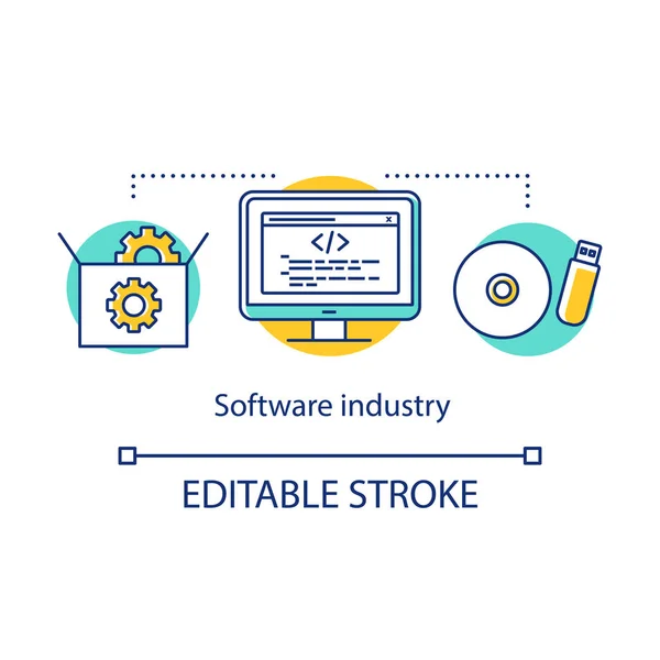 Icono de concepto de industria de software. Programa de PC en desarrollo. Tecnología de la información. Caso con ajustes, monitor, dispositivos de memoria idea de línea delgada ilustración. Dibujo de contorno aislado vectorial. Carrera editable — Vector de stock