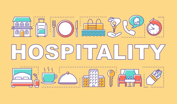 Hospitalidade palavra conceitos banner. Indústria de alojamento. Restaurante e serviço de hotel. Apresentação, website. Ideia tipográfica de letras isoladas com ícones lineares. Ilustração do contorno do vetor —  Vetores de Stock