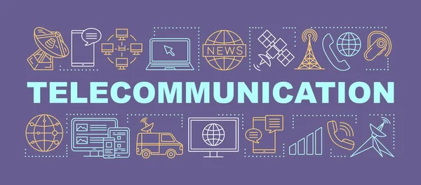 Concetti di parola di telecomunicazione banner. Servizio di comunicazione globale. Sistema di telecomunicazioni. Presentazione, sito web. Idea tipografica di caratteri isolata con icone lineari. Illustrazione dello schema vettoriale — Vettoriale Stock