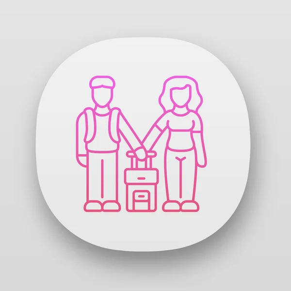 Ícone de aplicativo imigrantes de classe familiar. Casal de viagem para o exterior com mala. Férias em família, turismo. Turistas, viajantes. Interface de usuário UI / UX. Aplicações web ou móveis. Ilustrações isoladas de vetores —  Vetores de Stock