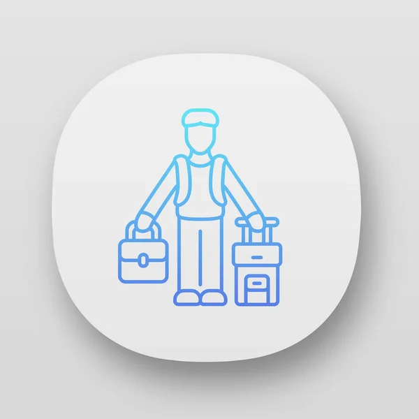 移民の男のアプリのアイコン。スーツケースとバックパックを持つ難民。海外旅行。ソロ旅行、観光。移民。Ui/Ux ユーザー インターフェイス。Web アプリケーションまたはモバイル アプリケーション。ベクトル分離イラスト — ストックベクタ