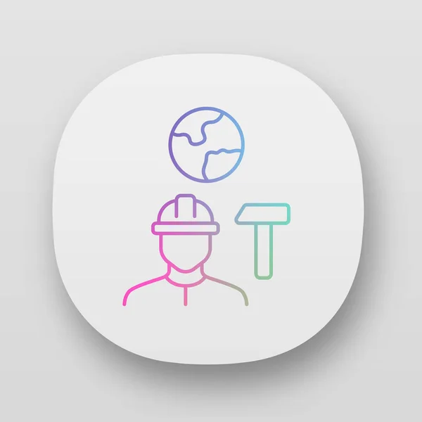 Taak voor immigranten app-pictogram. Migranten, werkgelegenheid voor vluchtelingen. Het vinden van werk in het buitenland. Hard Hat werknemer, klusjesman. Gebruikersinterface van UI/UX. Web-of mobiele toepassingen. Vector geïsoleerde illustraties — Stockvector