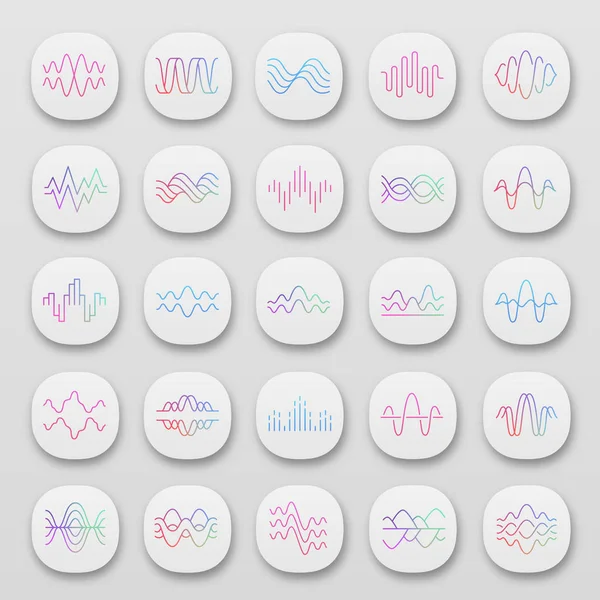Sound and audio waves app icons set. UI/UX user interface. Music digital soundwaves. Voice recording, radio signals. Noise amplitudes level. Web or mobile applications. Vector isolated illustrations — Stock Vector
