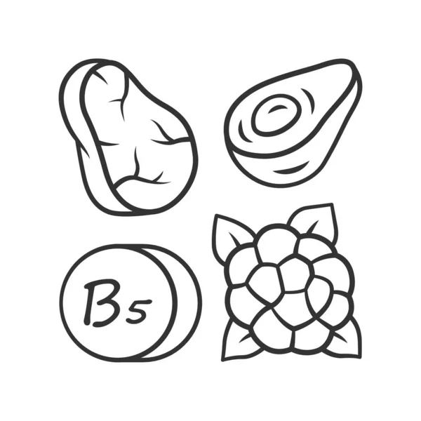 Lineární ikona vitamínu B5. Maso, avokáda a květák. V pořádku e — Stockový vektor