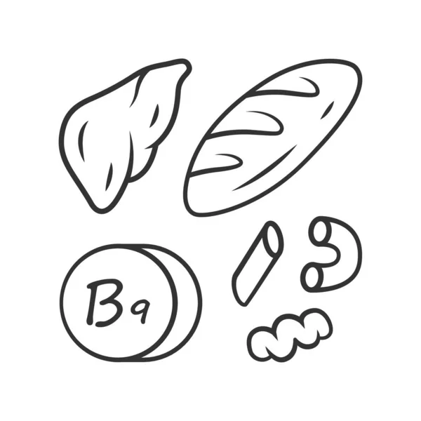 Icona lineare di vitamina B9. Pane, fegato e pasta. Carne e farina p — Vettoriale Stock