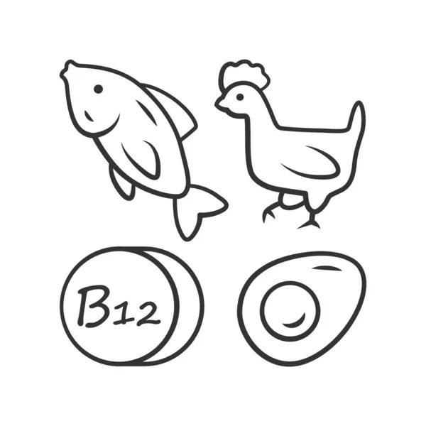 Vitamin B12 linjär ikon. Fisk, fågel och ägg. Hälsosam kost. — Stock vektor