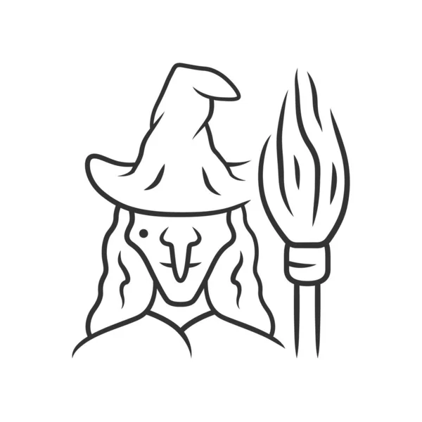 Icône linéaire sorcière. Illustration fine. Méchante sorcière, sorcière avec balai. Costume d'Halloween. Méchante vieille femme au chapeau de sorcier. Symbole de contour. Schéma vectoriel isolé. Course modifiable — Image vectorielle