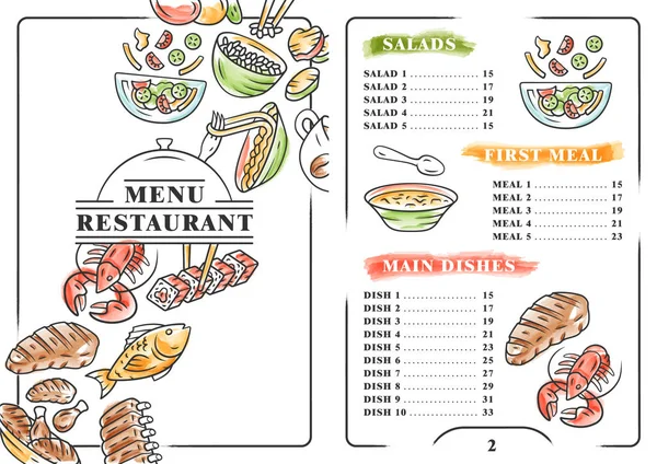 Modelo de cor do menu restaurante. Saladas, primeira refeição, pratos principais. Design de impressão com ícones lineares. Ilustrações vetoriais conceituais. Banner do café, página de brochura do folheto com layout de preços de alimentos — Vetor de Stock