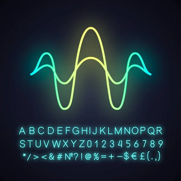 Αφηρημένα επικαλυπτόμενα κύματα νέον εικονίδιο φωτός. Ήχος, ήχος, κυματιστές γραμμές μουσικής ρυθμού. Δόνηση, επίπεδο πλάτους θορύβου. Λαμπερό σημάδι με αλφάβητο, αριθμούς και σύμβολα. Μεμονωμένη απεικόνιση διανυσματικού διάνυσμα — Διανυσματικό Αρχείο