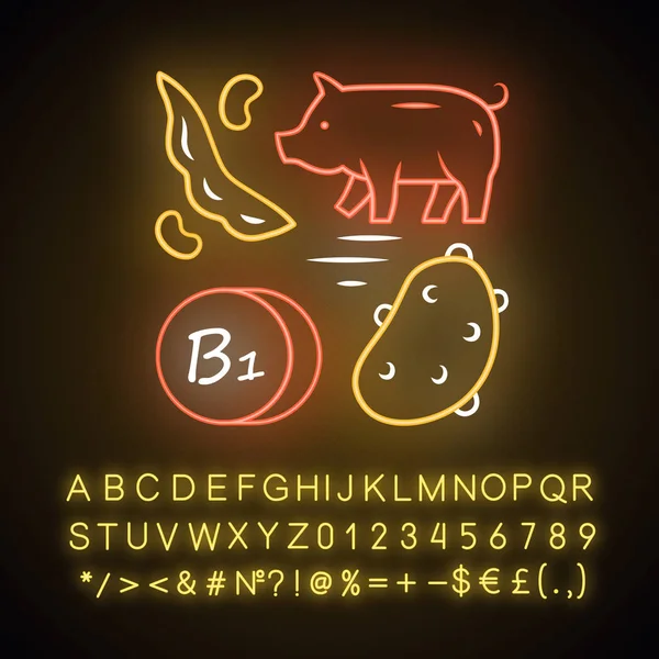 Vitamin B1 neon light icon. Potato, pork and green bean. Healthy — Stock Vector