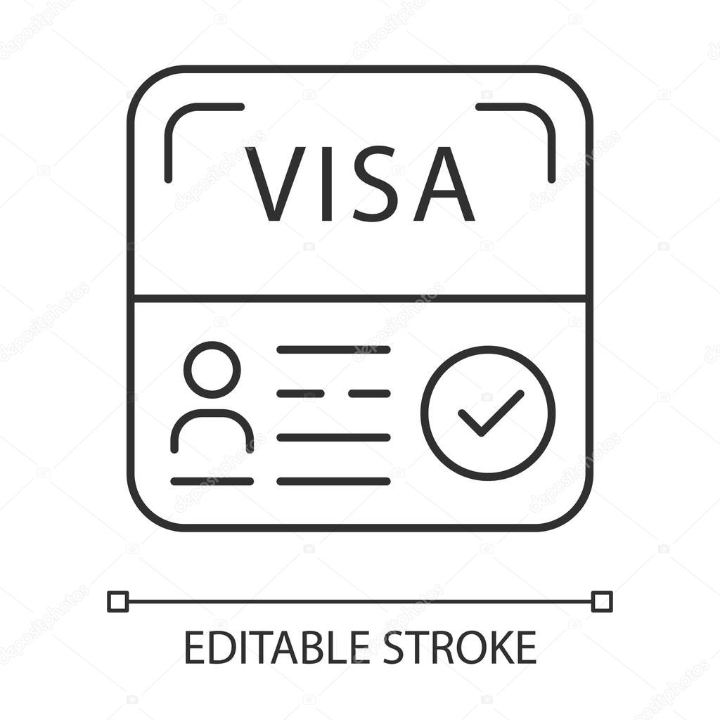 Start up visa linear icon. Temporary residence permit. Tourist paperwork. Immigration. Travel approval. Thin line illustration. Contour symbol. Vector isolated outline drawing. Editable stroke