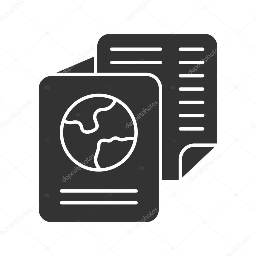 Immigration documents glyph icon. International passport. Identification document. Travel and tourism. Passenger personal information. Silhouette symbol. Negative space. Vector isolated illustration